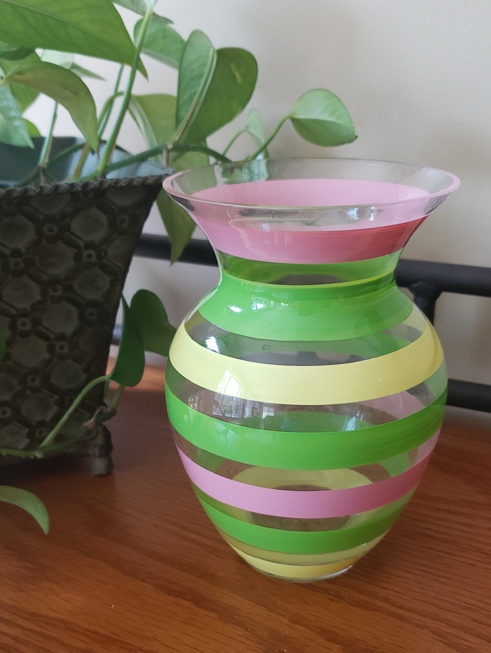 Teleflora Striped Glass Vase - Pink, Green & Yellow - Approx 7" Tall